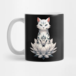White cat with flower tattoo in lotus Mug